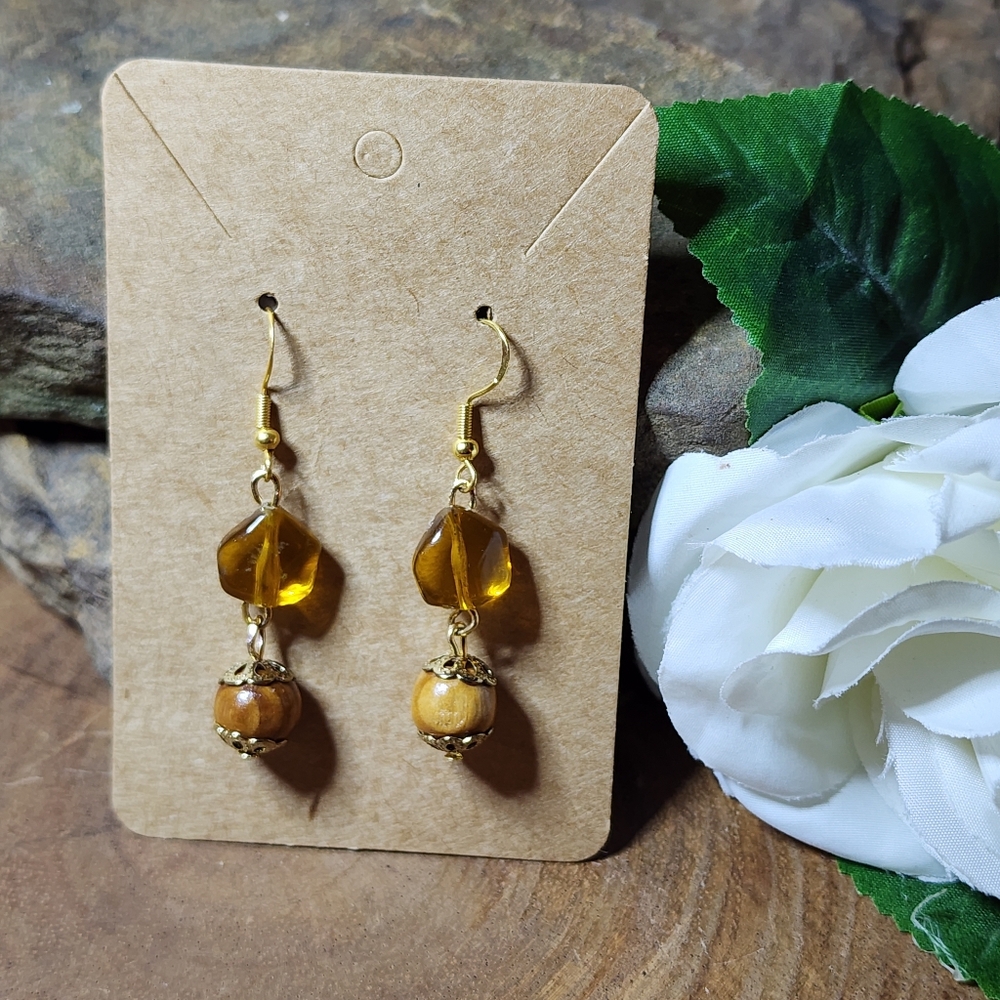 Hand Crafted Gold Toned and Amber Colored Acrylic And Wood Dangle Drop Earrings